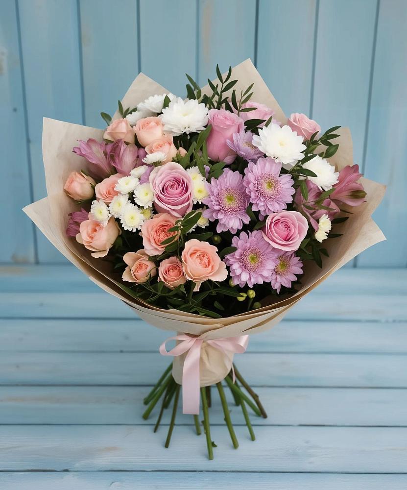 Букет цветов из: Хризантемы, Розы и Альстромерии в Новомарковке