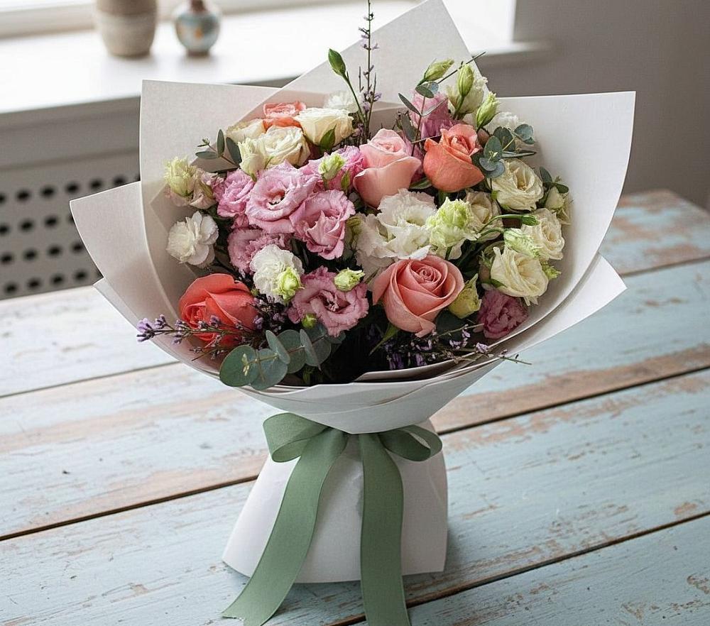 Букет цветов из: Розы, Лизиантусы и Гвоздики в Новомарковке