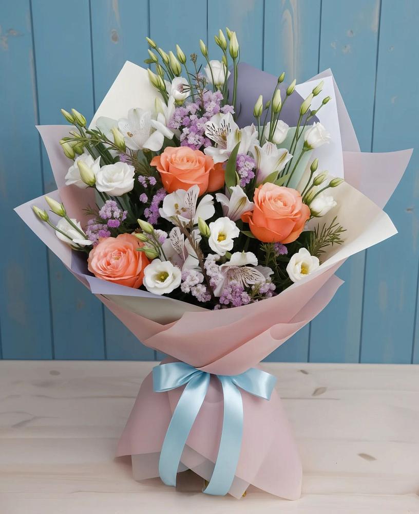 Букет цветов из: Лизиантусы, Розы, Альстромерии и Гипсофила в Новомарковке