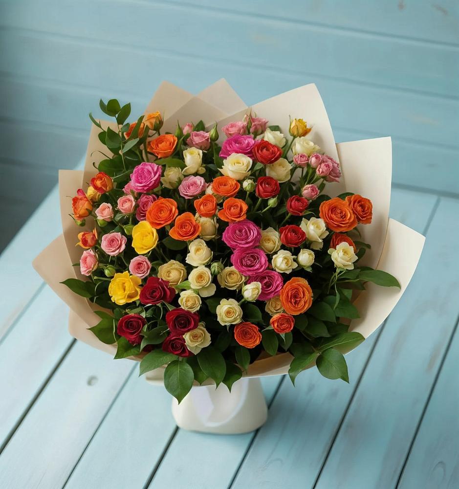 Букет Микс из разноцветных кустовых роз в Новомарковке