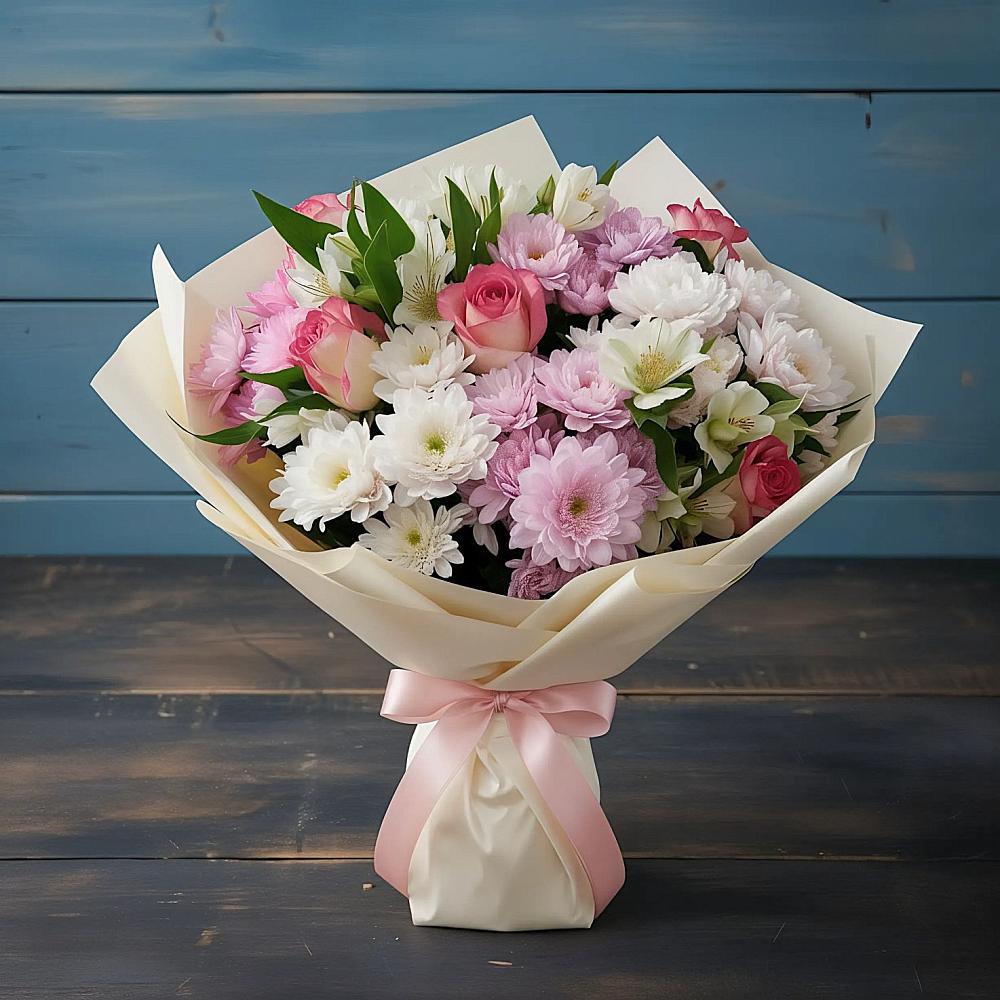 Букет цветов из: Хризантемы, Альстромерии и Розы в Новомарковке